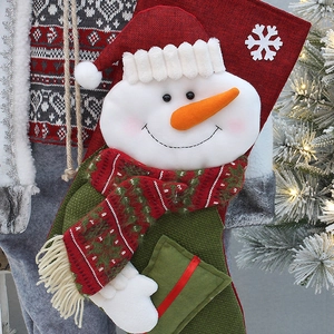 Detail of 50cm linen Christmas stocking with 3D snowman, plush trim, and warm festive lights