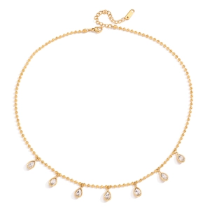 Golden bead necklace with seven teardrop zircon pendants made of durable stainless steel