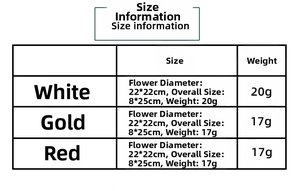 Size information chart for glitter Christmas flowers showing dimensions and weight details