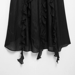 Romantic black V-neck sleeveless dress with ruffled edges and an irregular chiffon hem