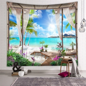 Detail view of a tropical beach tapestry on a white wall showing high print quality