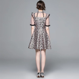 Elegant floral jacquard dress with lace trim and beaded frog buttons in a slim fit style