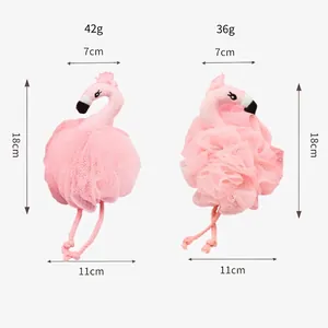 Pink flamingo cartoon bath sponge for kids soft PE mesh loofah with size and weight details