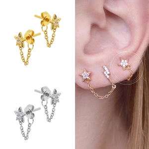 Elegant S925 silver star tassel earrings with zircons in gold and silver finishes