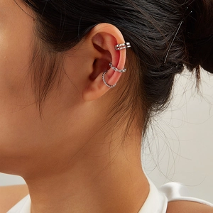 Three-piece 925 sterling silver ear cuff set with smooth, braided and twisted designs