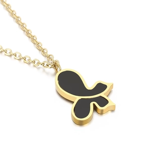 Elegant asymmetric butterfly necklace with black shell inlay and golden stainless steel chain