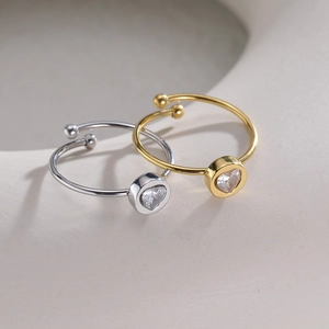 Adjustable 304 stainless steel open rings with heart-shaped zircon stones in gold and silver