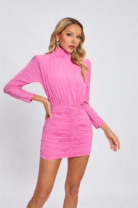 Close-up of pink long-sleeve dress featuring turtleneck with sparkling sequin embellishments
