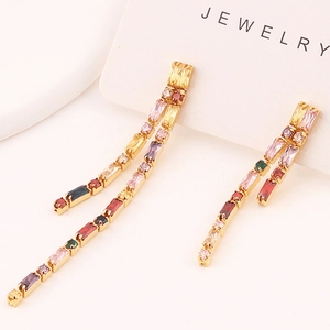 Colorful Baguette Zircon Tassel Dangle Earrings With Gold Plated Brass And Silver Earring Post Long Linear Drop Women