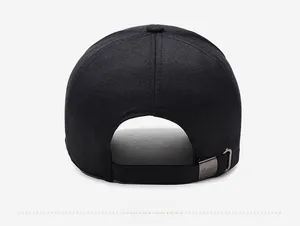 Detail of adjustable back strap and Sport engraved metal buckle on black baseball cap