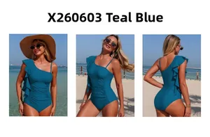 Three-way view of teal blue one-shoulder swimsuit with ruffles and ruched waist details