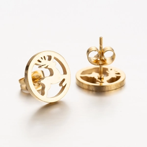 Macro shot of gold-plated hollow reindeer stud earrings with butterfly back closure