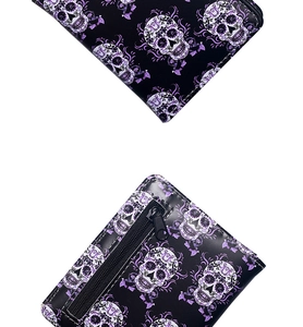 Close-up of black PU leather bifold wallet with purple skull print and zipper pocket