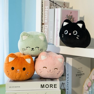 Set of four cute plush cat head keychains in black, green, orange, and pink colors
