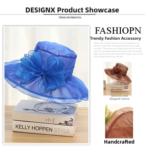 Detail of handmade organza wide brim hat with blue and brown decorative flowers