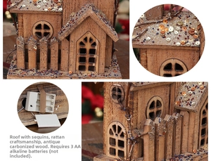 Detailed view of glowing wooden Christmas house with rattan roof and battery box base