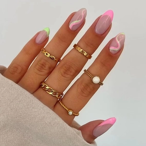Elegant Pink French Press On Nails With Light Green Wavy Patterns Round Head Natural Sweet Cool False Nails For Women Daily Manicure Decorative Accessories