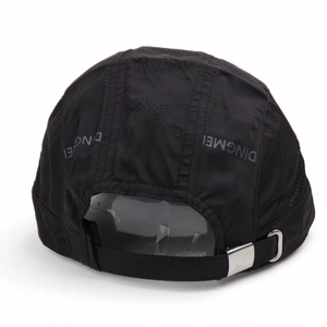 Quick-dry breathable black baseball cap with laser-cut vents and adjustable metal buckle