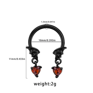 Black horseshoe nose ring with bat wings and red heart zircon including dimensions