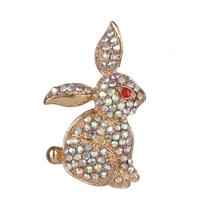 Detailed close-up of a golden rabbit brooch with rainbow rhinestones and red crystal eyes