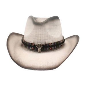Chapeau de cowboy en paille avec bande ethnique et breloque tête de taureau argent