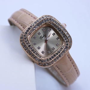 Fashionable beige leather strap square watch with rose gold rhinestone dial for women