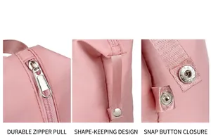 Detailed view of pink travel bag with durable metal zippers and shaping rivet design