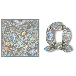 53cm square silk-like scarf featuring hand-drawn landscape illustrations on a grey base