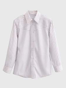 Detail of grey and white striped shirt showing shoulder seam and fabric texture