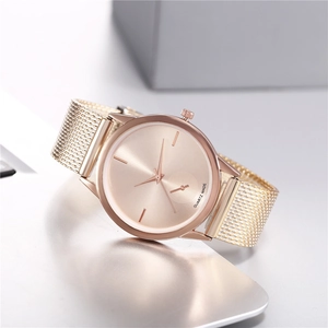 Elegant rose gold women's quartz watch with minimalist dial and metal mesh strap
