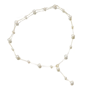 Elegant long freshwater pearl sweater necklace with gold chain and refined mirror reflection