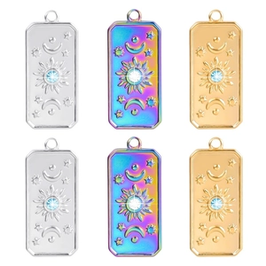 Vintage Edelstahl Stern Mond Sonne Anhänger Halskette Für Damen Luxus Strass Relief Astrologie Rechteckige Schmuck Geschenk