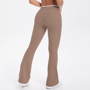 Rear view of brown high-waisted flared yoga pants with V-shaped stitching and tummy control