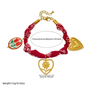 French vintage red fabric and gold chain bracelet with floral ceramic heart pendants