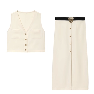 Chic Femmes Col En V Gilet Sans Manches Haut Et Jupe Midi Avec Ceinture Boutons Dorés Polyester Minimaliste Streetwear