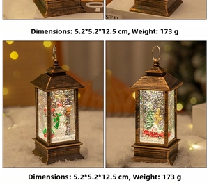 Christmas snow globe lantern with snowman and red car inside vintage bronze frame