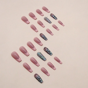24pcs long coffin press-on nails with pink french tips and silver glitter accents
