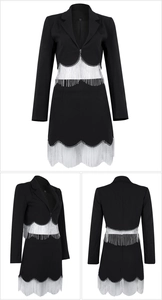 Detailed views of a black blazer dress featuring sparkling rhinestone fringe and a notched lapel