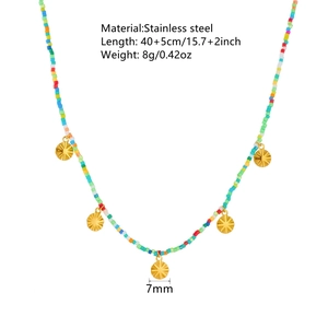 Colorful beaded stainless steel necklace with five embossed flower pendants and charms
