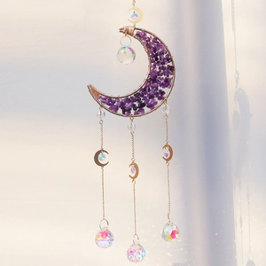 Modern moon-shaped garden wind chime with purple amethysts and rainbow crystal prisms