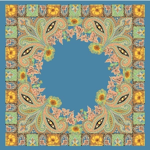 Elegant 90cm square silk scarf featuring classic blue paisley and bohemian floral patterns