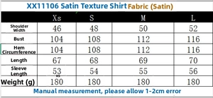 Detailed size chart for satin long sleeve shirt including shoulder and chest measurements