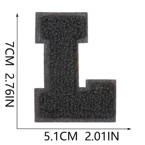 Detail of 7cm black chenille letter L patch showing dimensions and embroidery texture