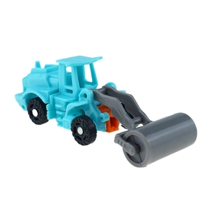 Detailed view of blue toy road roller with adjustable arm and dark grey roller