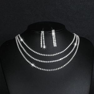 Three-layer silver rhinestone necklace and earrings set for wedding or evening dress