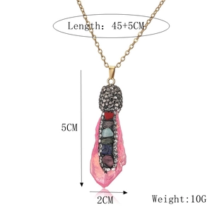 Detail view of pink crystal pendant with multi-color stones and necklace dimensions