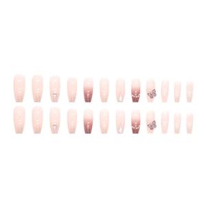 Pink gradient press-on nails with 3D butterfly, heart charms and pearl accents