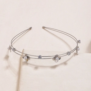 Silver double-layer floral headband with white pearls and clover metal charms