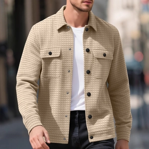 Men's khaki waffle textured casual shirt jacket with long sleeves and front pockets