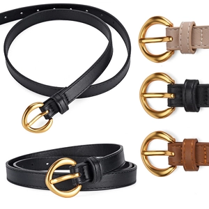 Women's slim leather belts with gold round buckles in black, beige, and brown colors